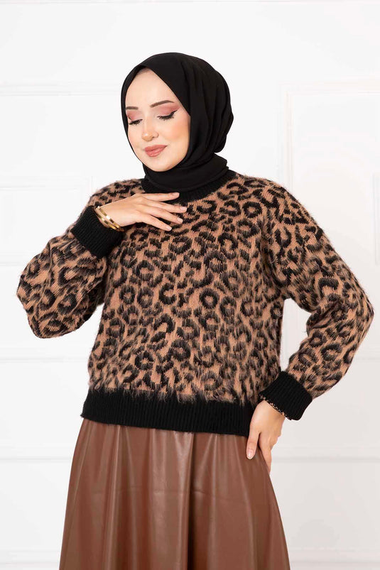 Maglione fantasia leopardata Cammello