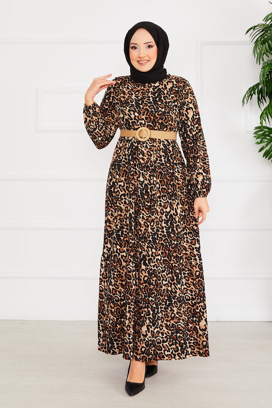 Leopard Print Belted Pleated Modest Dress -2