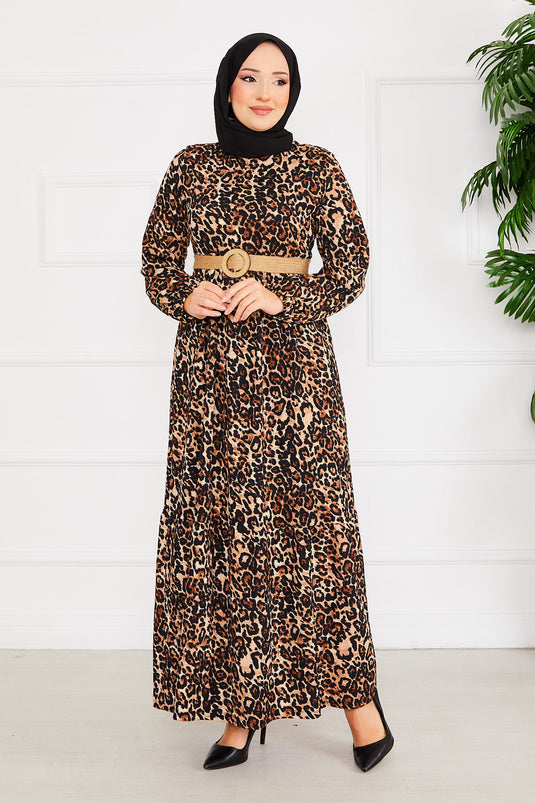 Abito Hijab in Crepe con Cintura e Motivo Leopardo -2