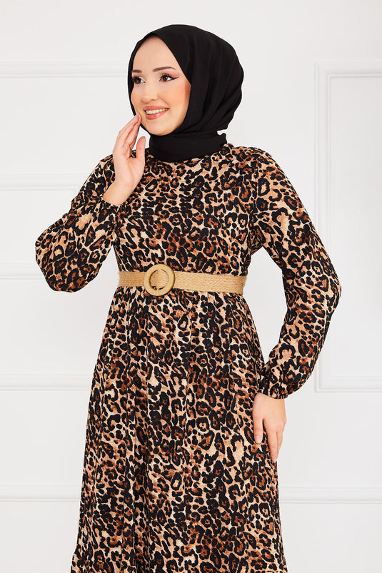 Leopard Print Belted Pleated Modest Dress -2