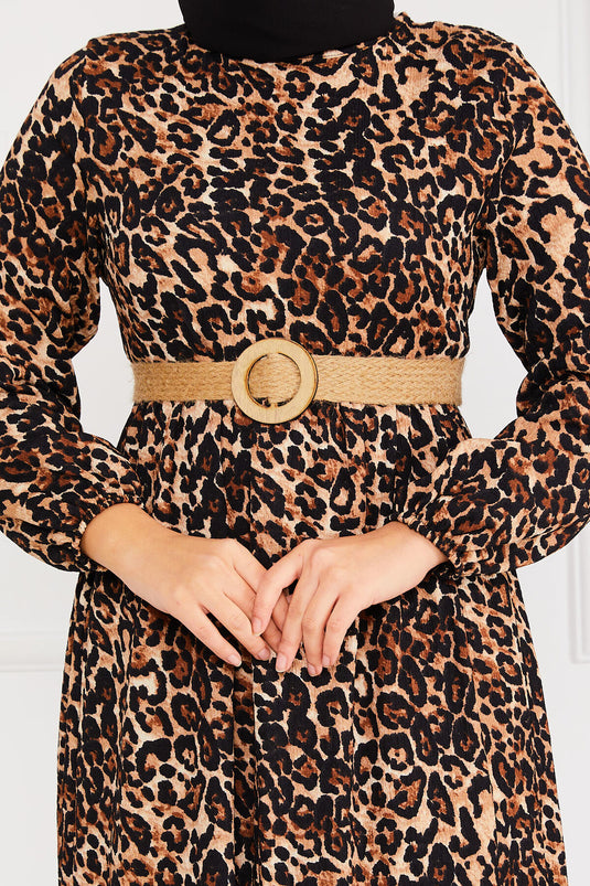 Leopard Print Belted Pleated Modest Dress -2