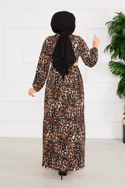 Leopard Print Belted Pleated Modest Dress -2