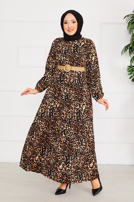 Leopard Print Belted Pleated Modest Dress -2