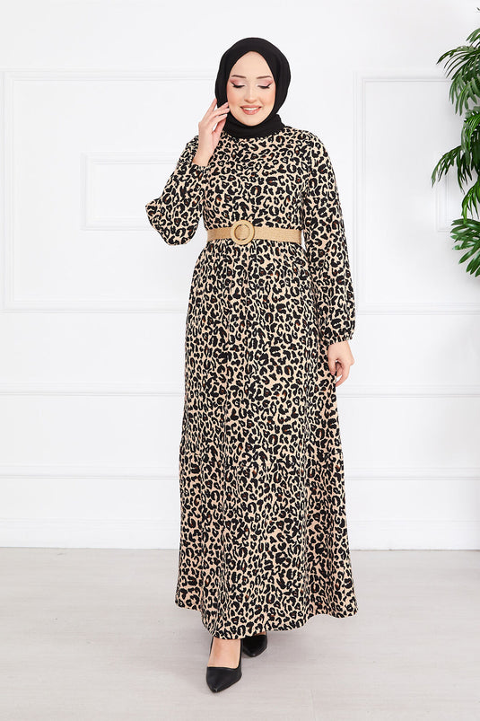 Abito Hijab in Crepe con Cintura e Motivo Leopardo -3