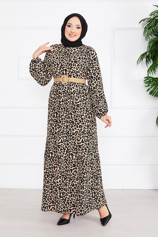 Leopard Print Belted Pleated Modest Dress -3