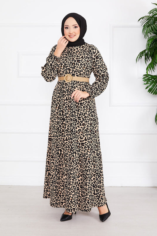 Leopard Print Belted Pleated Modest Dress -3