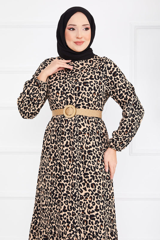 Abito Hijab in Crepe con Cintura e Motivo Leopardo -3