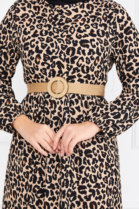 Leopard Print Belted Pleated Modest Dress -3