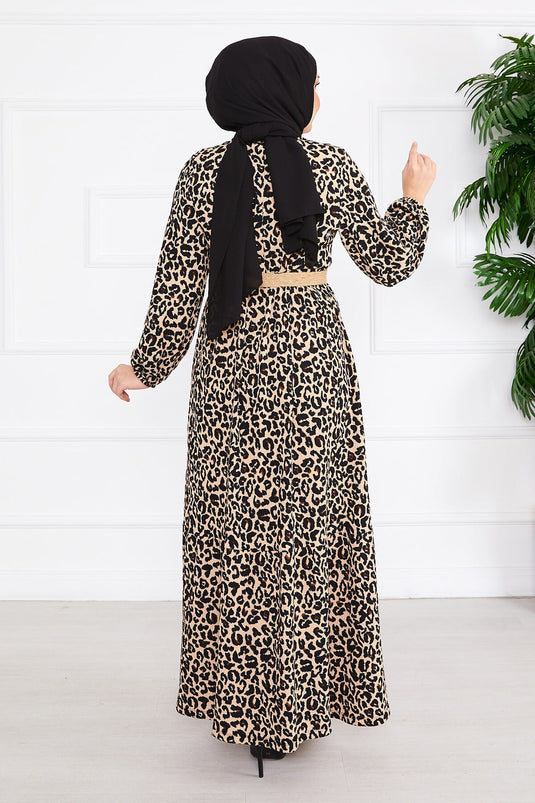 Leopard Print Belted Pleated Modest Dress -3