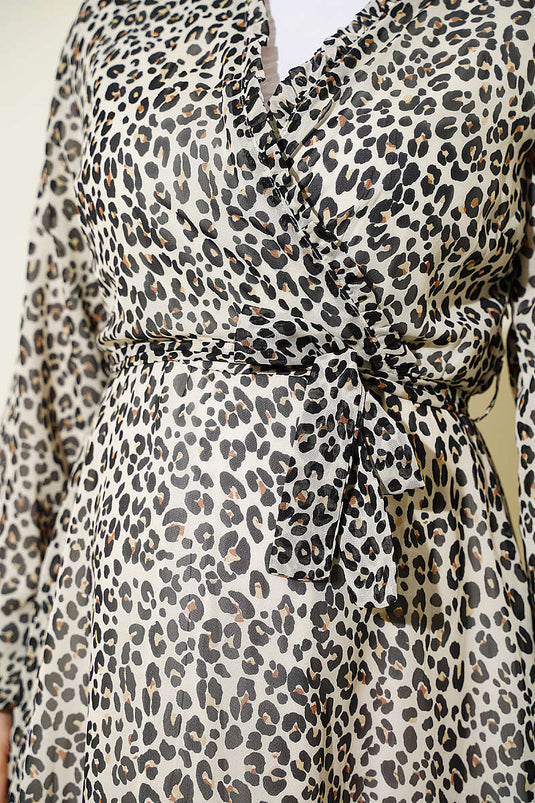 Robe À Col Croisé À Motif Léopard Écru
