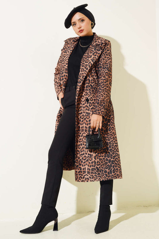 Leopard Print Belted Trench Coat Camel