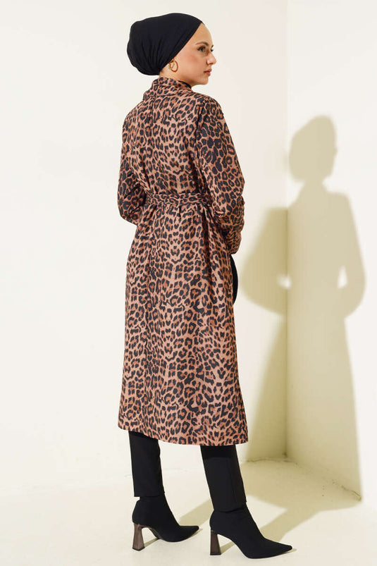 Leopard Print Belted Trench Coat Camel