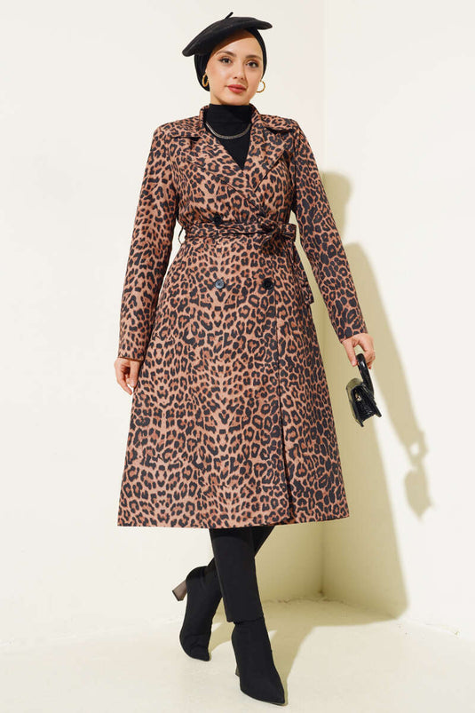 Leopard Print Belted Trench Coat Camel