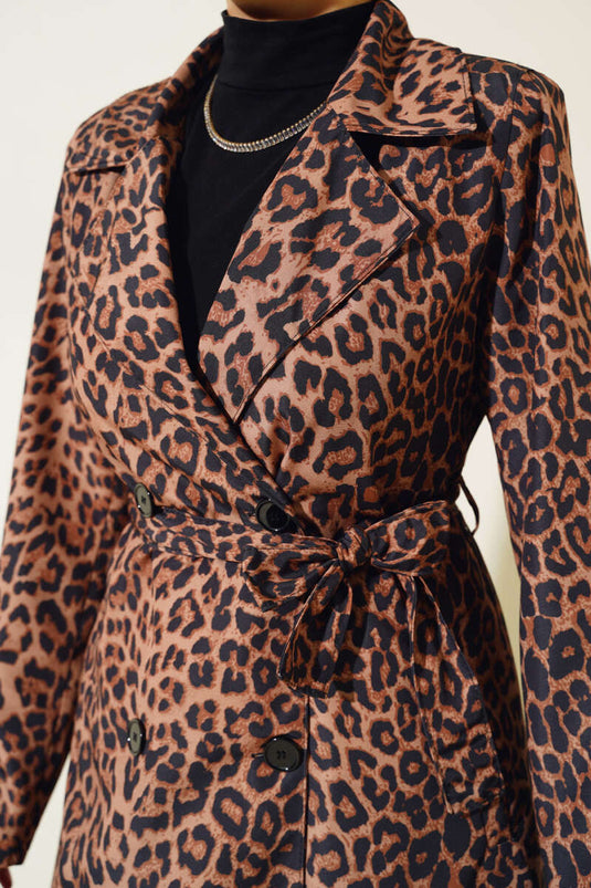 Leopard Print Belted Trench Coat Camel