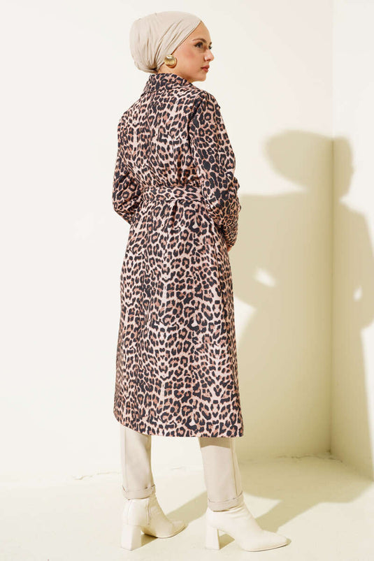 Leopard Print Belted Trench Coat Latte