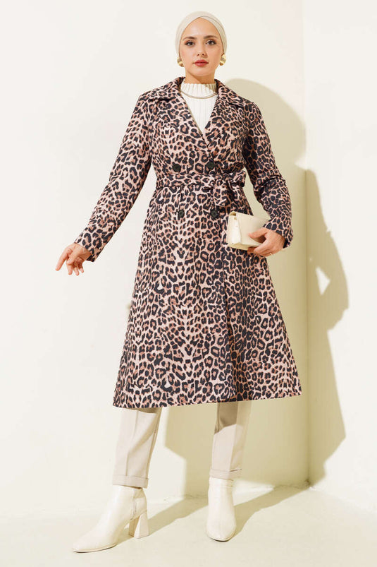 Leopard Print Belted Trench Coat Latte