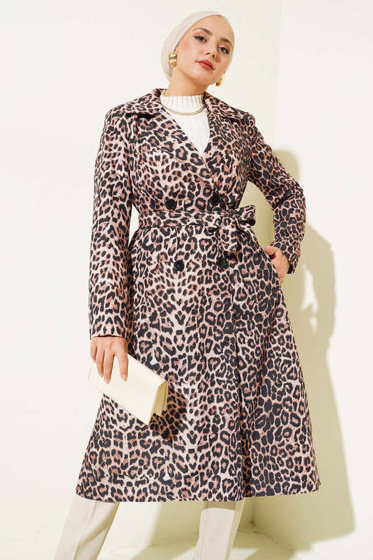 Leopard Print Belted Trench Coat Latte