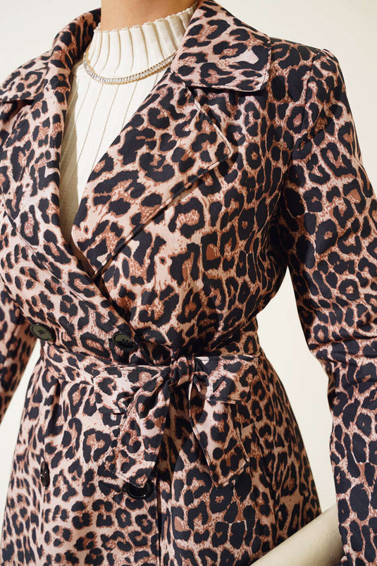 Leopard Print Belted Trench Coat Latte