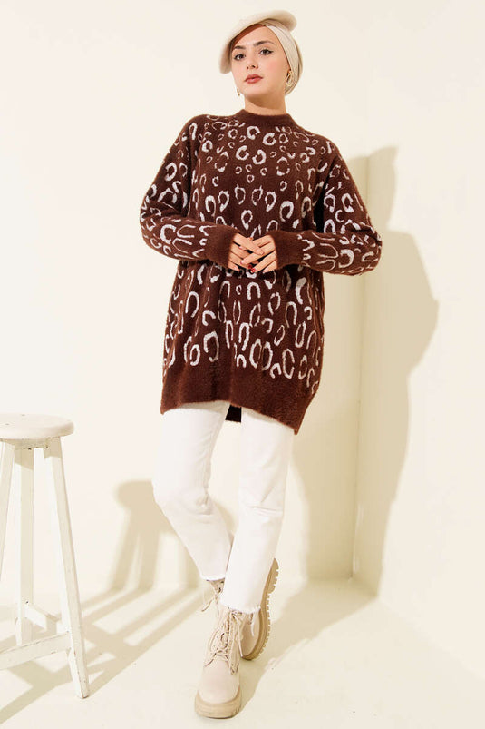 Leopard Print Bearded Tunic Brown Ecru
