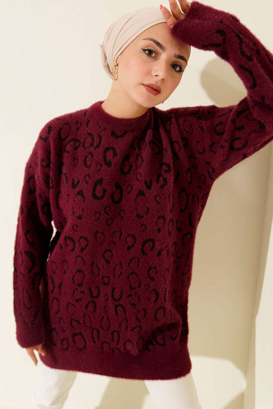 Leopar Desenli Sakallı Tunik Magenta