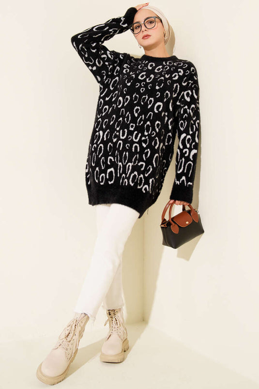 Leopard Patterned Bearded Tunic Black and White
