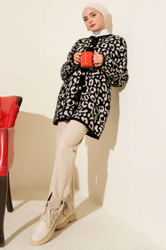 Cardigan en maille à motif léopard beige