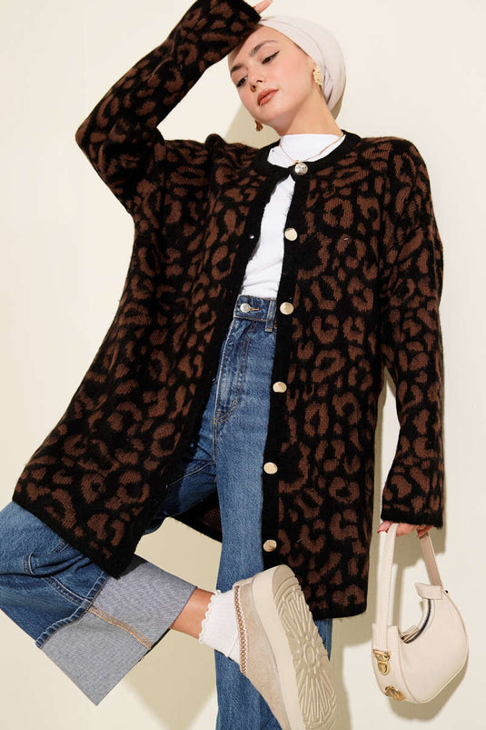 Cardigan en maille à motif léopard marron