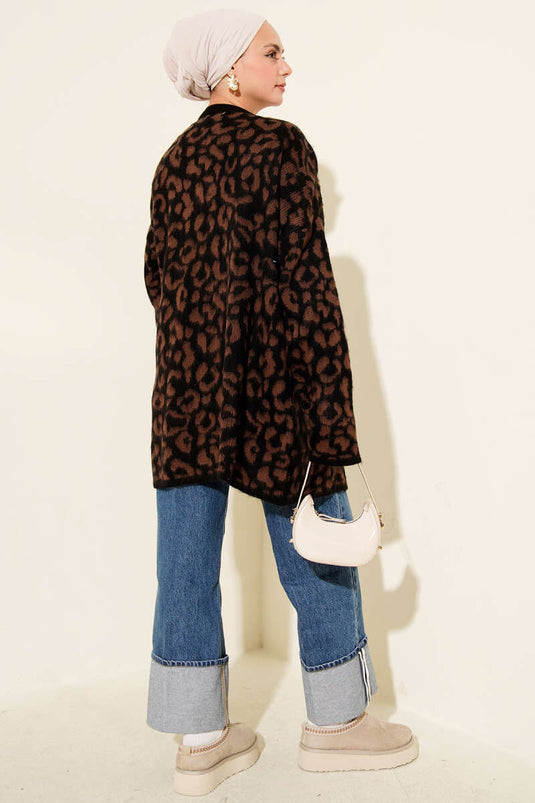 Cardigan en maille à motif léopard marron