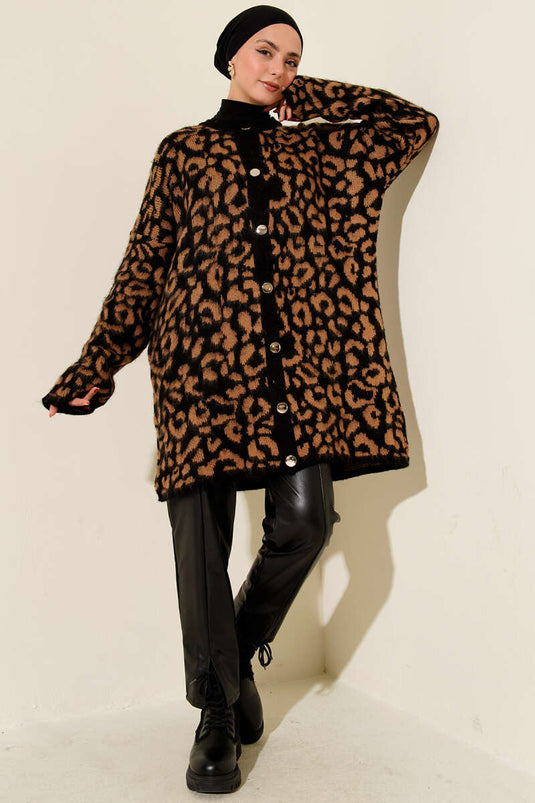 Cardigan en maille à motif léopard Latte