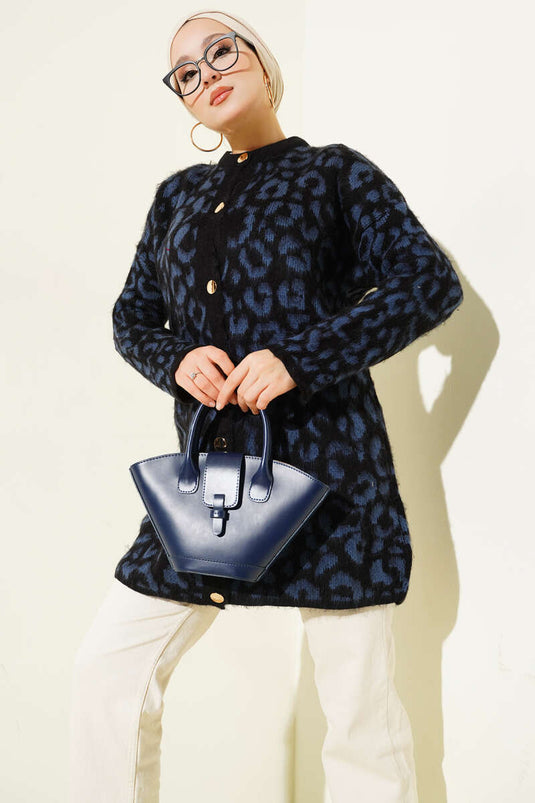 Leopard Patterned Raised Knit Cardigan Blue