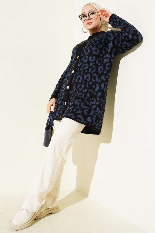 Cardigan in maglia a rilievo con motivo leopardato blu