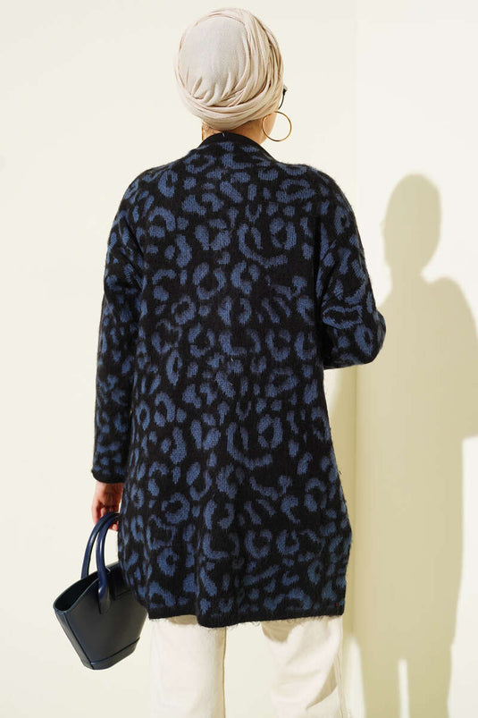 Cardigan in maglia a rilievo con motivo leopardato blu