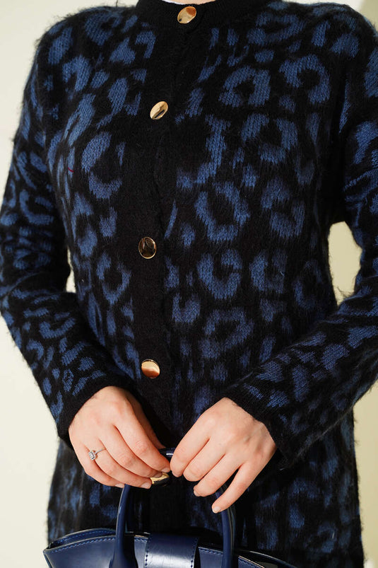 Leopard Patterned Raised Knit Cardigan Blue