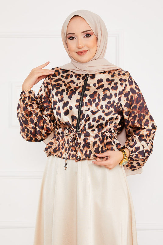 Ensemble Hijab Satin à Motifs Léopard -2