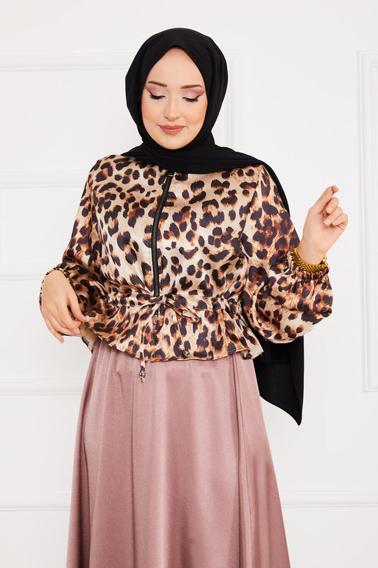 Ensemble Hijab Satin à Motifs Léopard -3