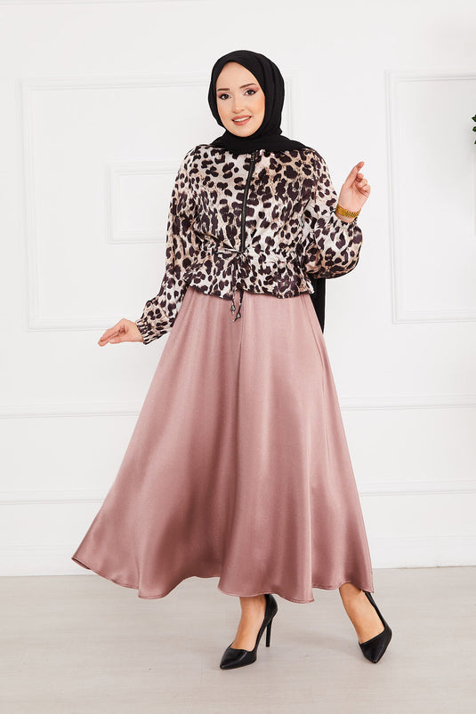 Ensemble Hijab Satin à Motifs Léopard Rose Poudré