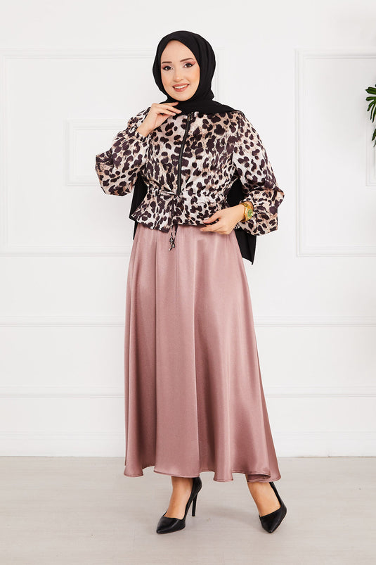 Ensemble Hijab Satin à Motifs Léopard Rose Poudré