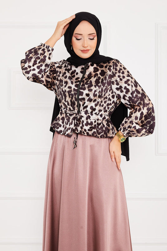 Ensemble Hijab Satin à Motifs Léopard Rose Poudré