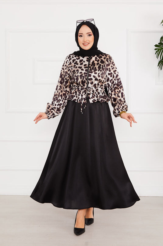 Ensemble Hijab Satin à Motifs Léopard Noir