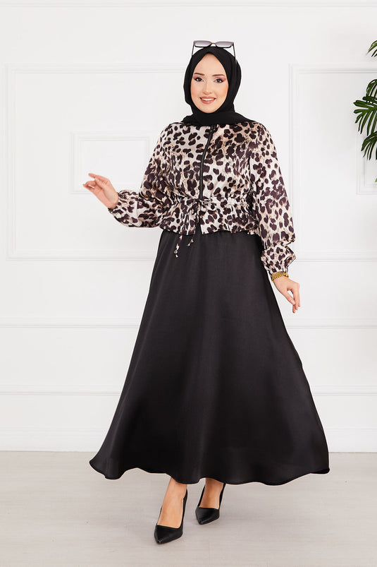 Ensemble Hijab Satin à Motifs Léopard Noir