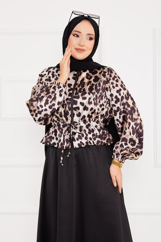 Ensemble Hijab Satin à Motifs Léopard Noir