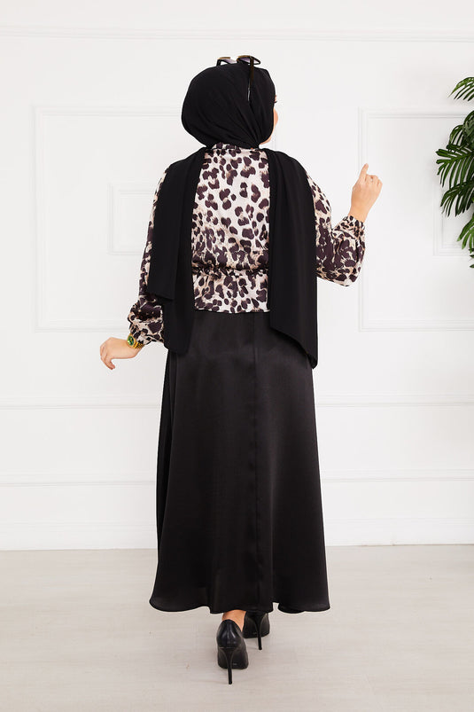 Ensemble Hijab Satin à Motifs Léopard Noir