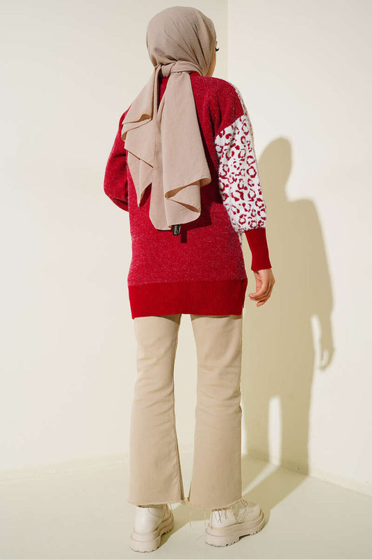 Tunica in maglia con motivo leopardato Rosso