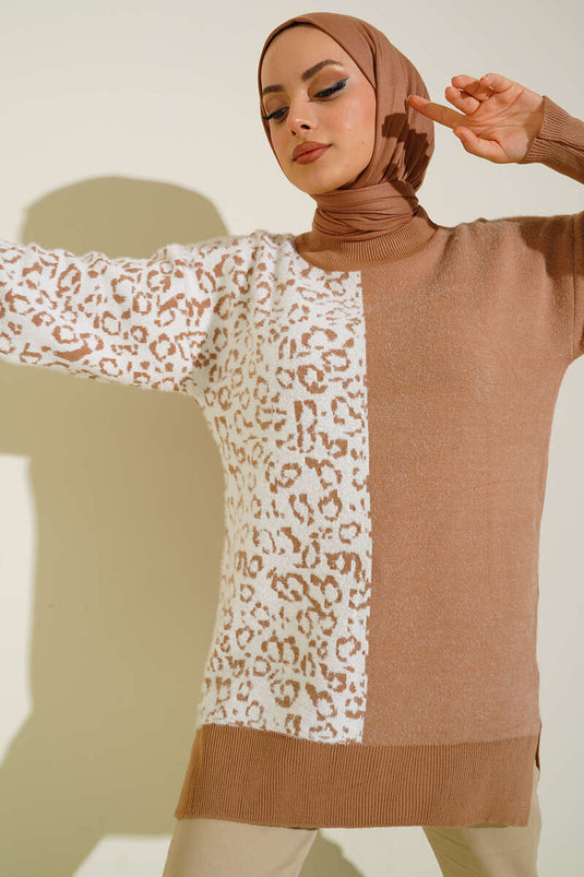 Leopar Desenli Triko Tunik Latte