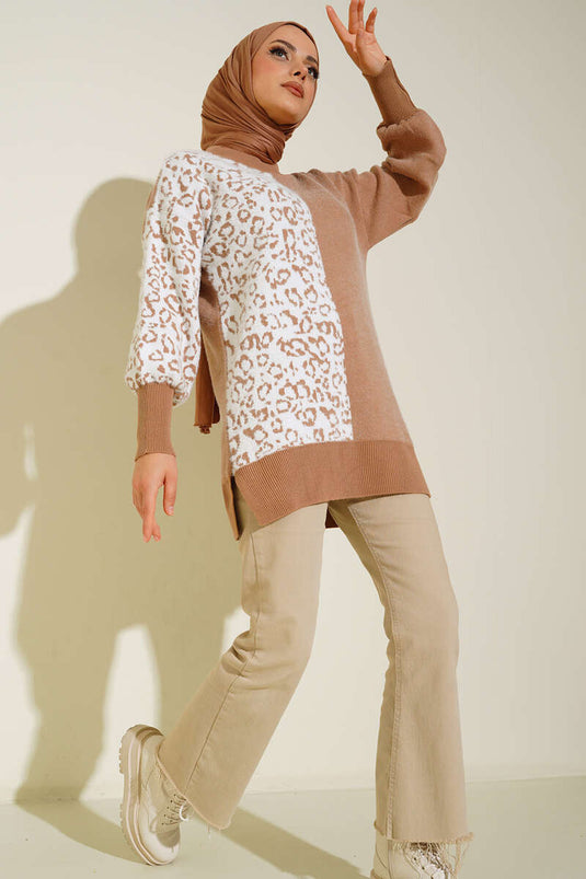 Leopar Desenli Triko Tunik Latte