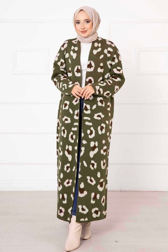 Leopard Patterned Long Cardigan Khaki