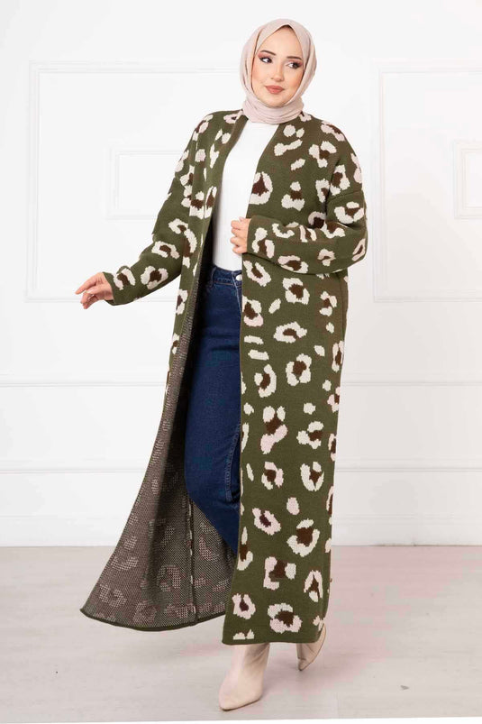 Leopard Patterned Long Cardigan Khaki