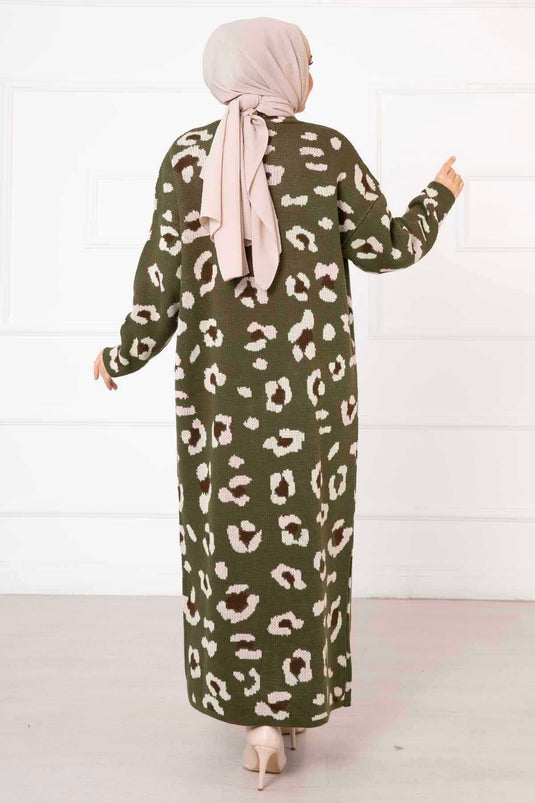 Leopard Patterned Long Cardigan Khaki