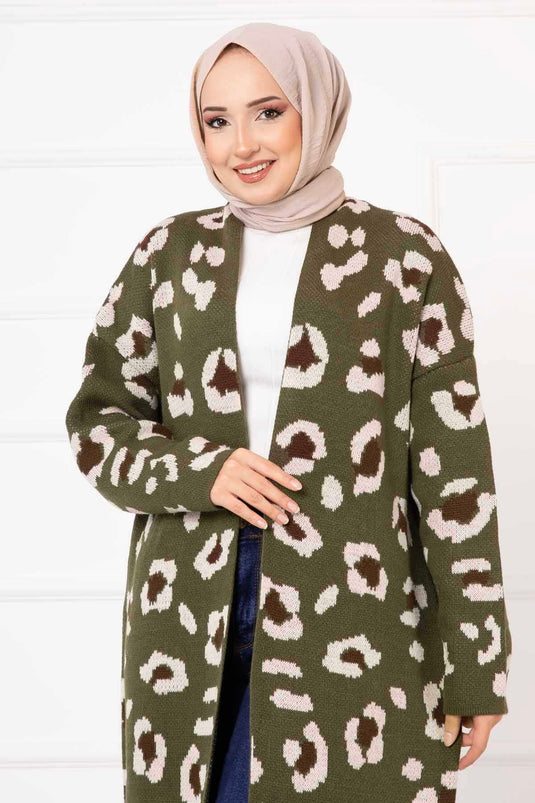 Leopard Patterned Long Cardigan Khaki