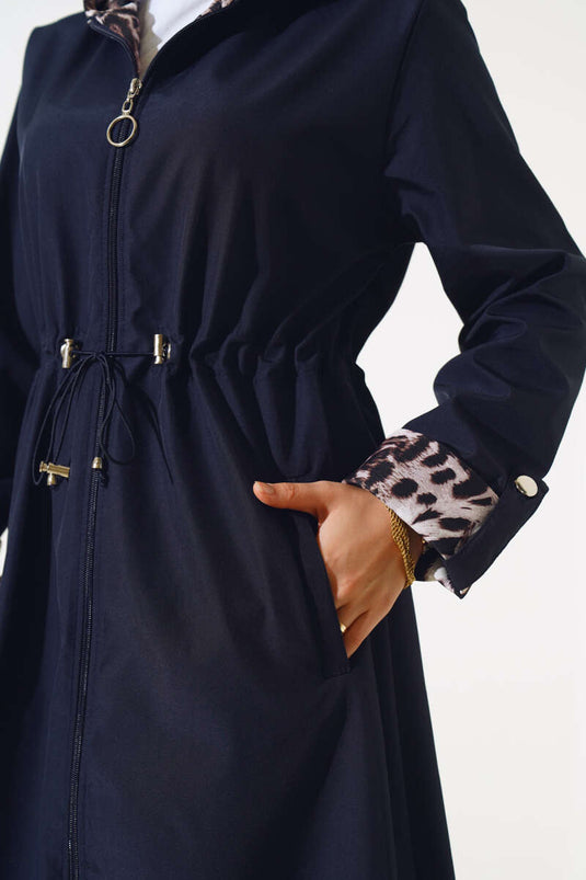 Leopard Detailed Waist Tunnel Trench Coat Navy Blue